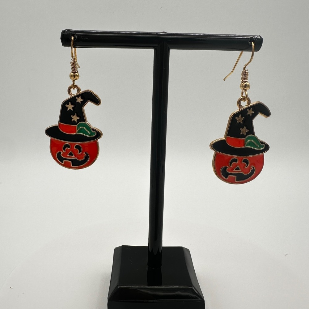 Vintage Halloween Pumpkin Witch Hat Enamel Earrings Gold-Tone Festive Dangles